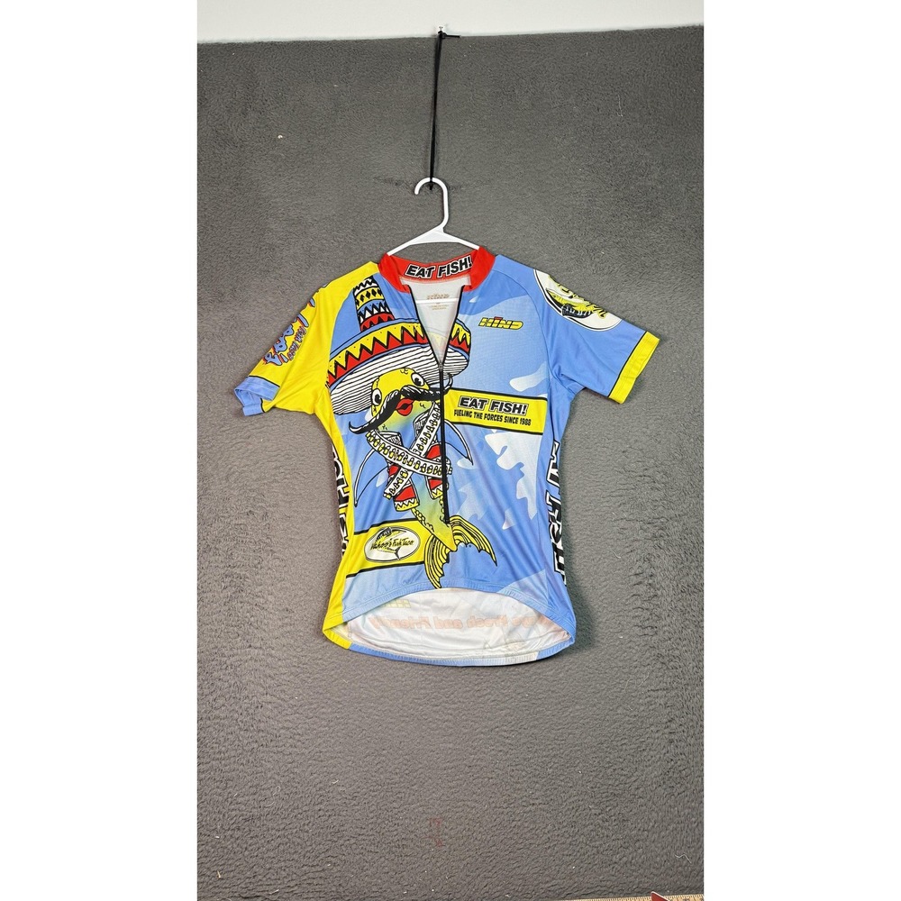 Wahoo's Fish Taco HIND Eat Fish Cycling Jersey Medium Surf Sombrero Mustache 80s